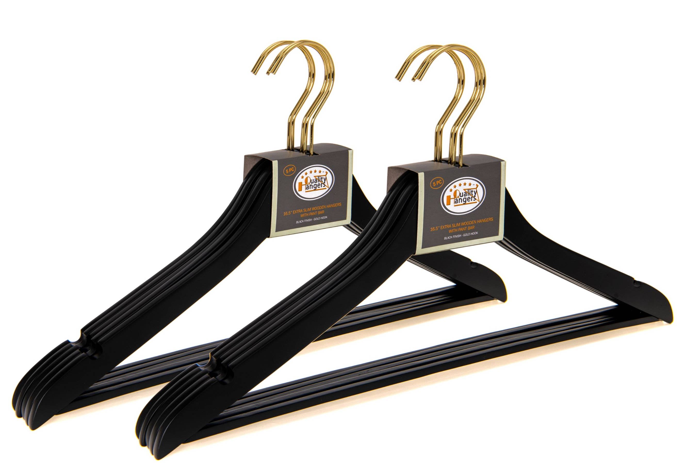 Quality Hangers - Wholesale Clothes Hangers - WS70 Ultra Slim Suit Hangers with Pant Bar Black/gold - 5PK8