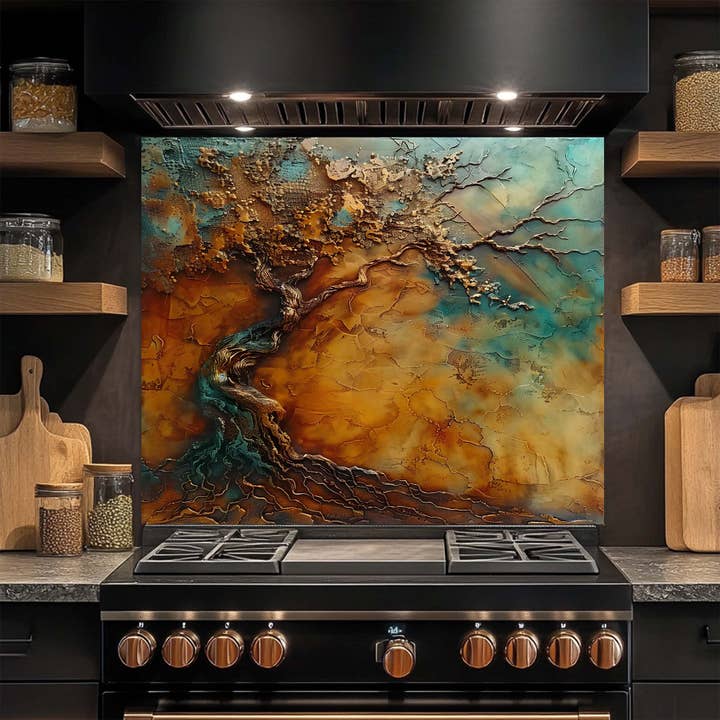 Bronze Spirit – Tempered Glass Backsplash for Kitchen Stove | Tree of Life Backsplash for wholesale by Glass Kitchen Backsplash
