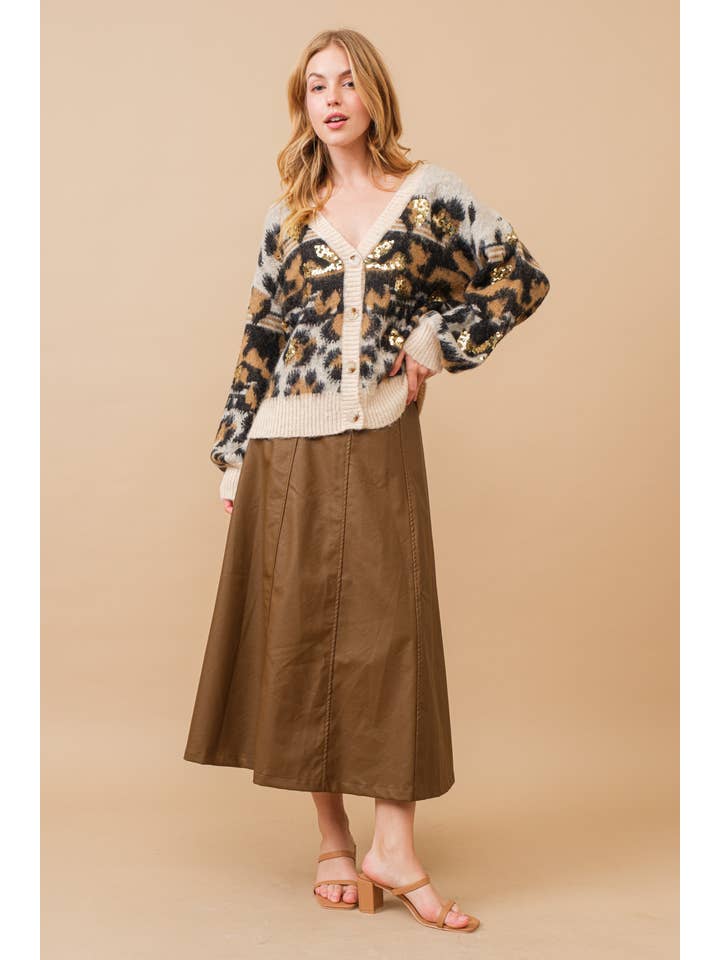 BLACK 17932W-Soft Leopard Pattern Sequin Cardigan Sweater for wholesale on Faire