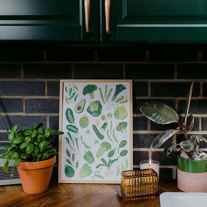 Stampa artistica di verdure verdi per la vendita all'ingrosso da parte di Laura Barnes Wholesale Ltd