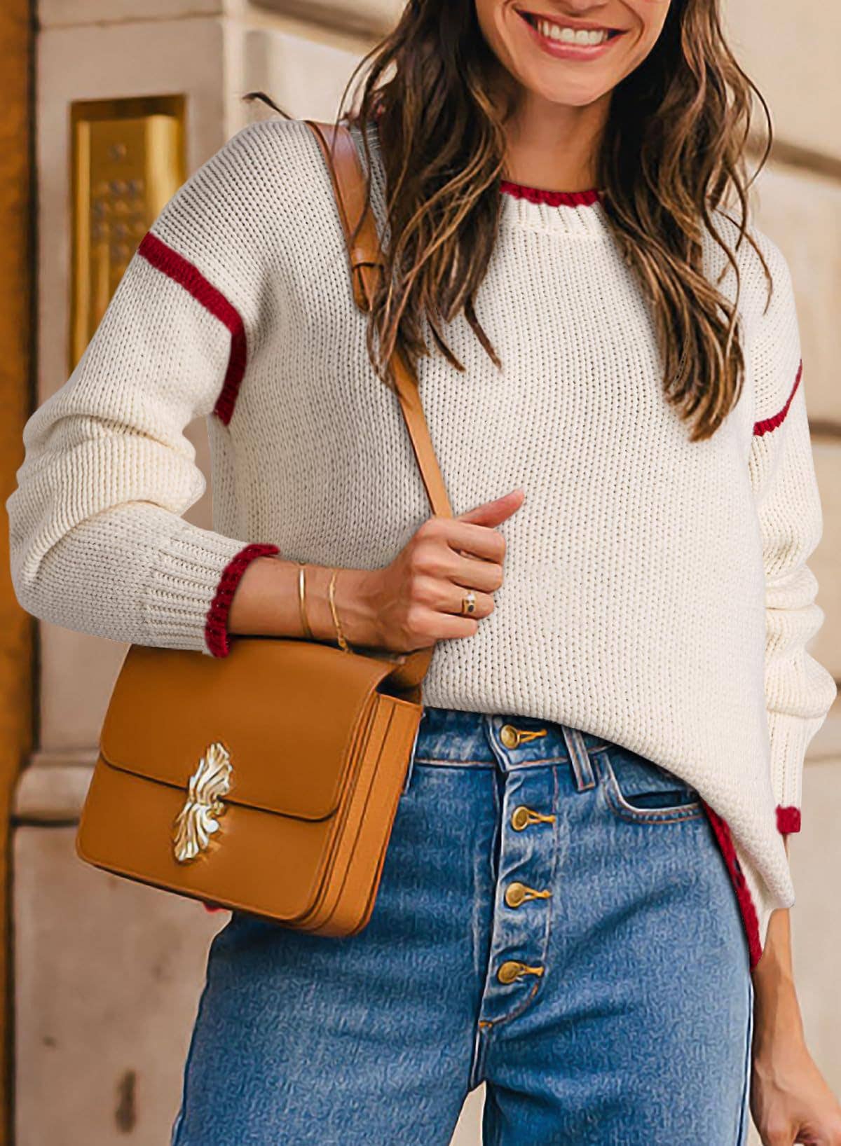 Anna Kaci Wholesale - Wholesale Knit Sweater - Women's - Crew Neck Knit Sweater with Red Trim Detail and Long Sleeves17