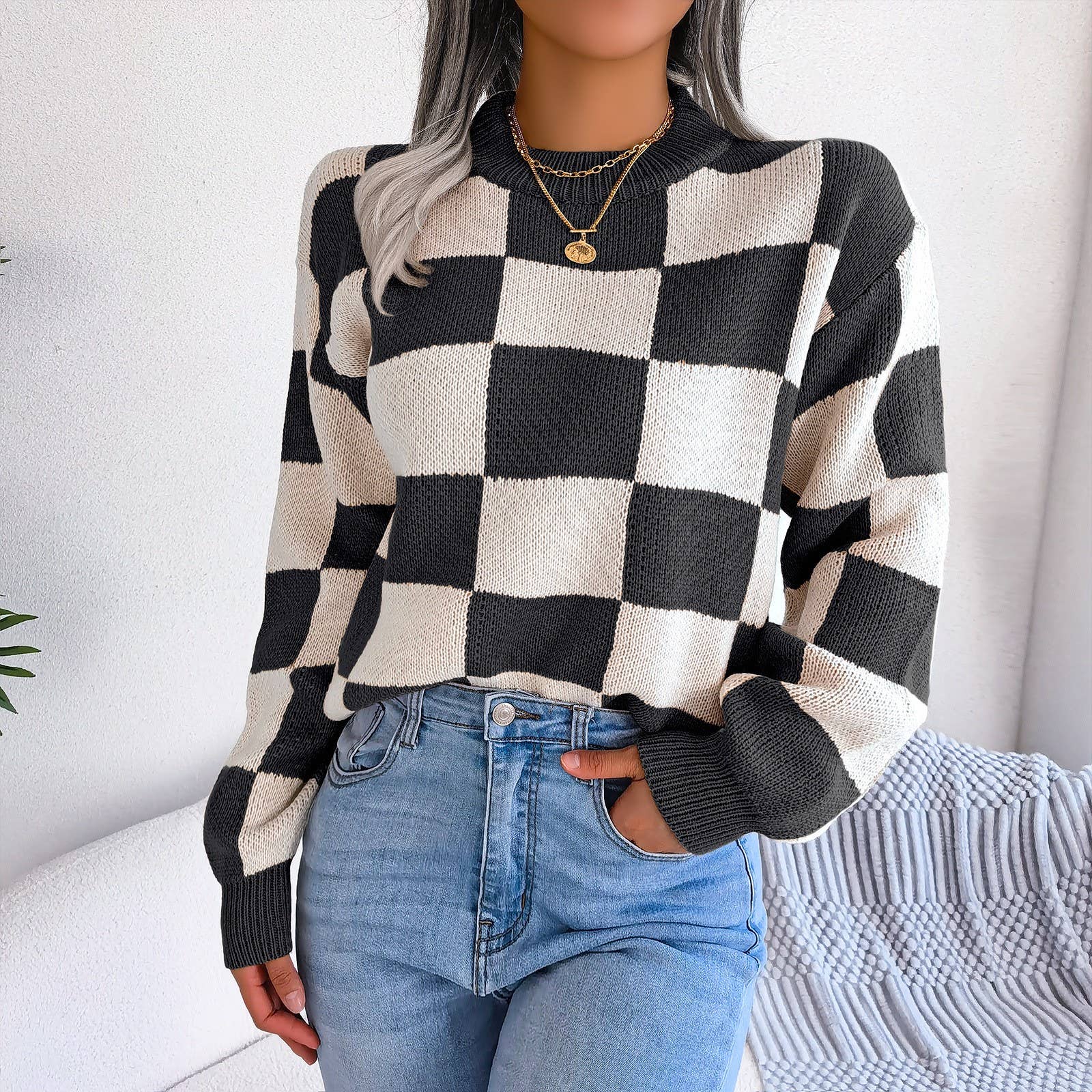 Hope & Sunshine - Wholesale Knit Sweater - Women's - Colorblock Plaid Knit Sweater For Women0