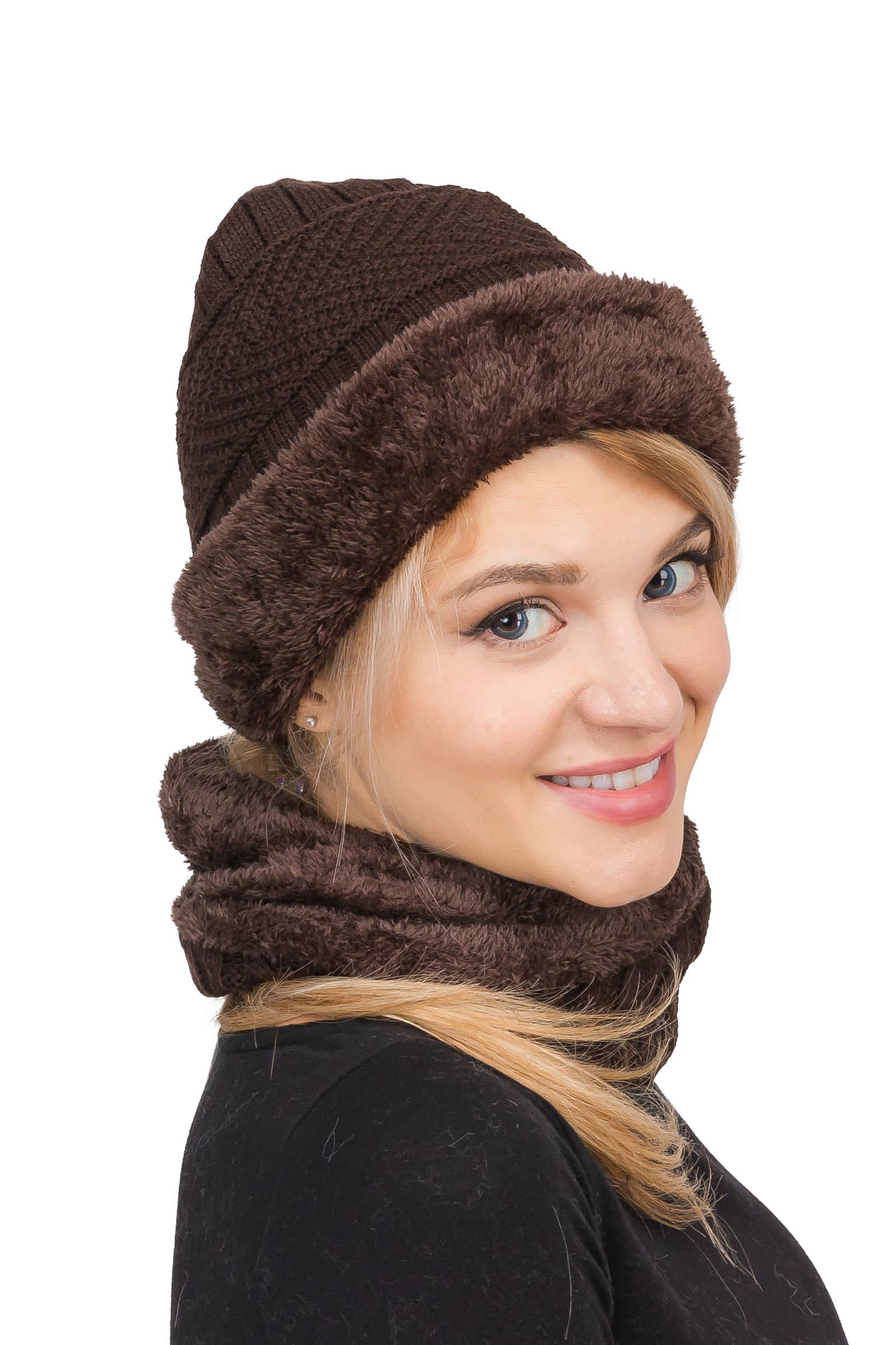ASSORTED Earth Tone Cable Knitted Fur Beanie Scarf for wholesale on Faire5