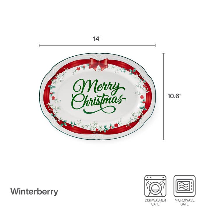 Fitz and Floyd® Mikasa® Pfaltzgraff® - Wholesale Platter - Winterberry 14In Platter Red Ribbon Gift Box Pkg