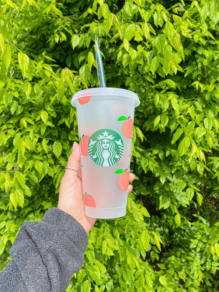 Personalized Peach Fruit Starbucks Cold Cup for wholesale by Lovely JEN's Designs