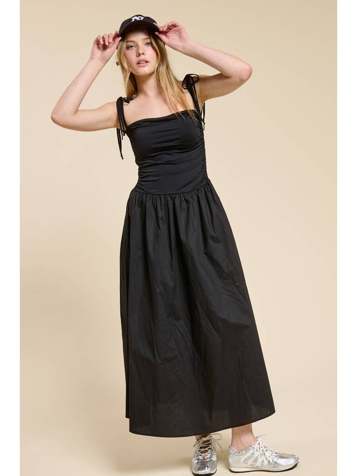 Mimosa - Wholesale Dress - Women's - Ruched Bodice Flared Midi Dress with Ribbon Straps