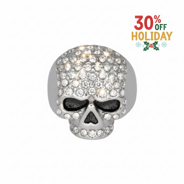 SK1075 Ladies Bling Skull Imitation Diamond Ring Stainless Steel Motorcycle Jewelry Size 6-10 for wholesale by Heavy Metal Jewelry