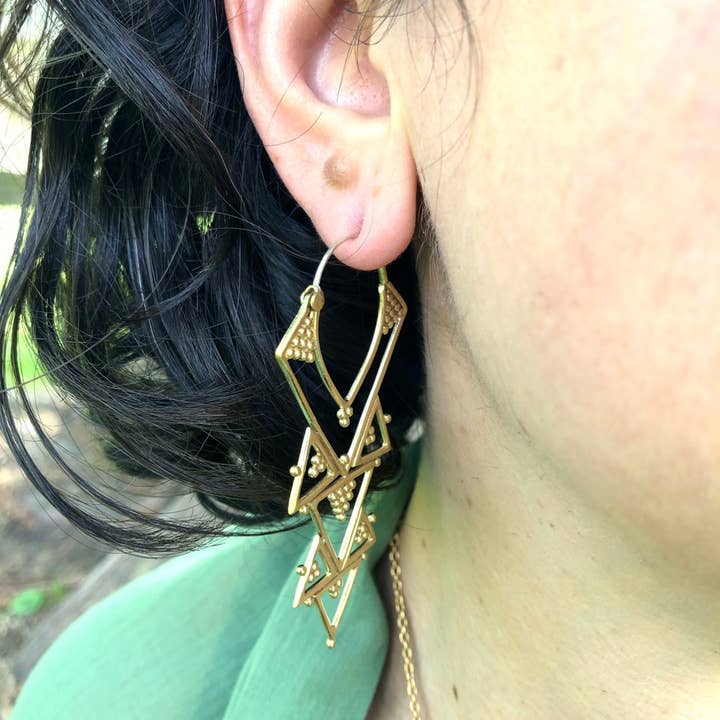 JAYA MOKSHA - Wholesale Dangle Earrings - Brass Tribal Boho Chandelier Earrings / Gold Triangle Hoops 1
