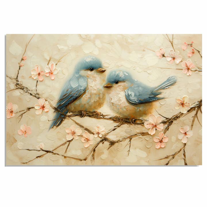 Bluebirds on Flowering Branch Canvas Wall Art in Soft Spring for wholesale by Art Paradise Studios