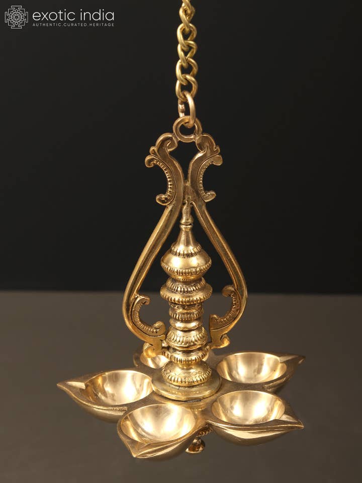 7" Five Wicks Designer Wall Hanging Lamp in Brass for wholesale by Exotic India Art