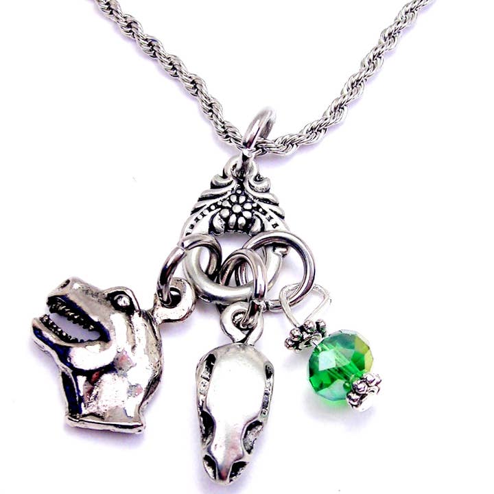 Dinosaur head and dinosaur fossil Charm Holder Necklace for wholesale by Chubby Chico Charms