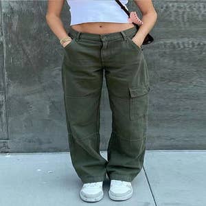 Wholesale Women Loose Casual Solid Color High Waist Cargo Pants