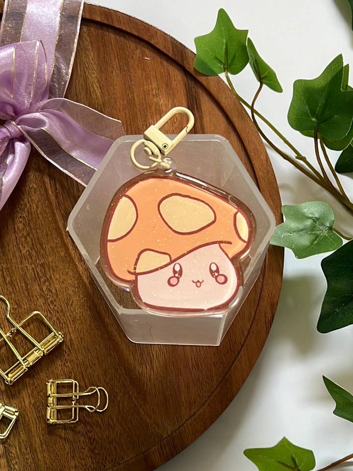 Orange Mushroom Double-Sided Glitter Keychain for wholesale by Peony Lee Art