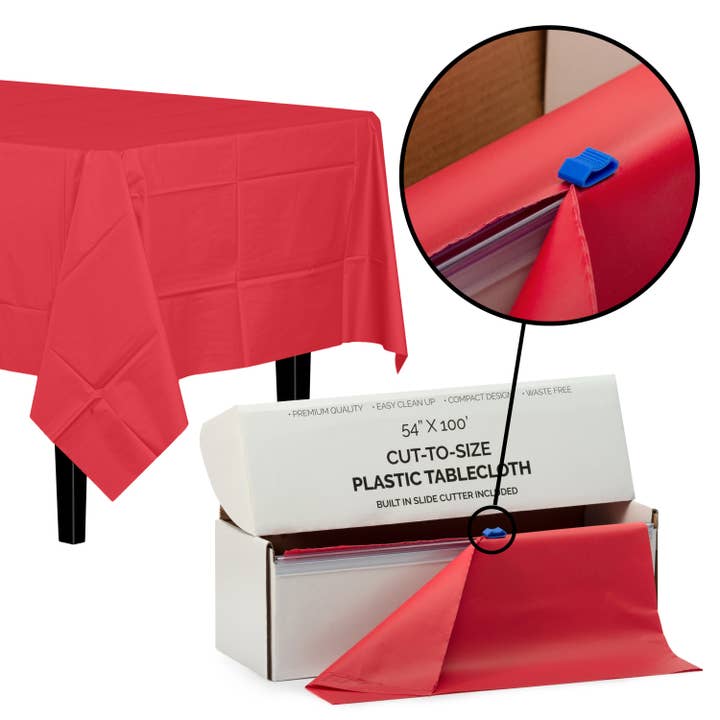 54 In. X 100 Ft. Cut-To-Size Plastic Table Cover - Red for wholesale by Crown Display