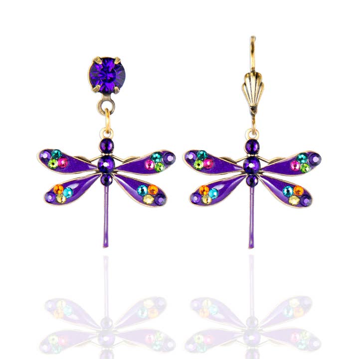 Purple Enameled Dragonfly Earrings with Colorful Crystals for wholesale by Anne Koplik Designs, Inc.