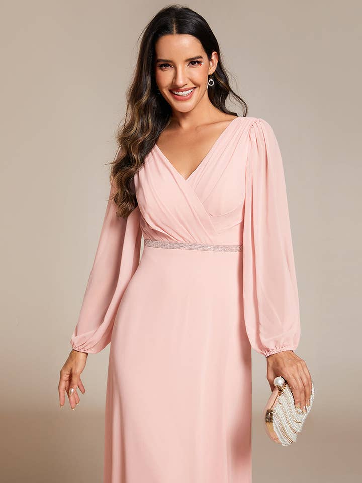 Ever-Pretty - Wholesale Gown - Women's - Elegant waisted chiffon V-neck Long Sleeve guest Dress64