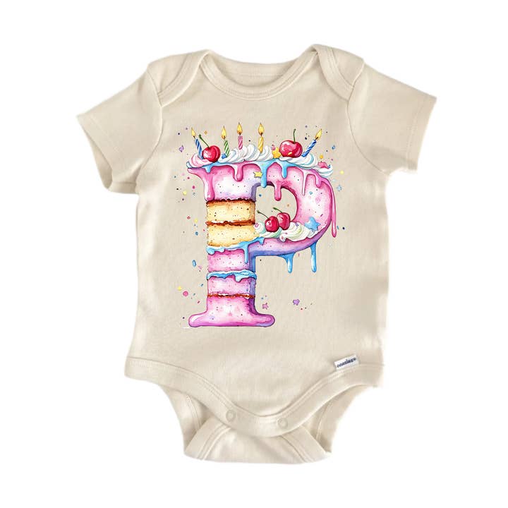P Letter Name Birthday Cake - Baby Bodysuit for wholesale by North Fork Forager LLC