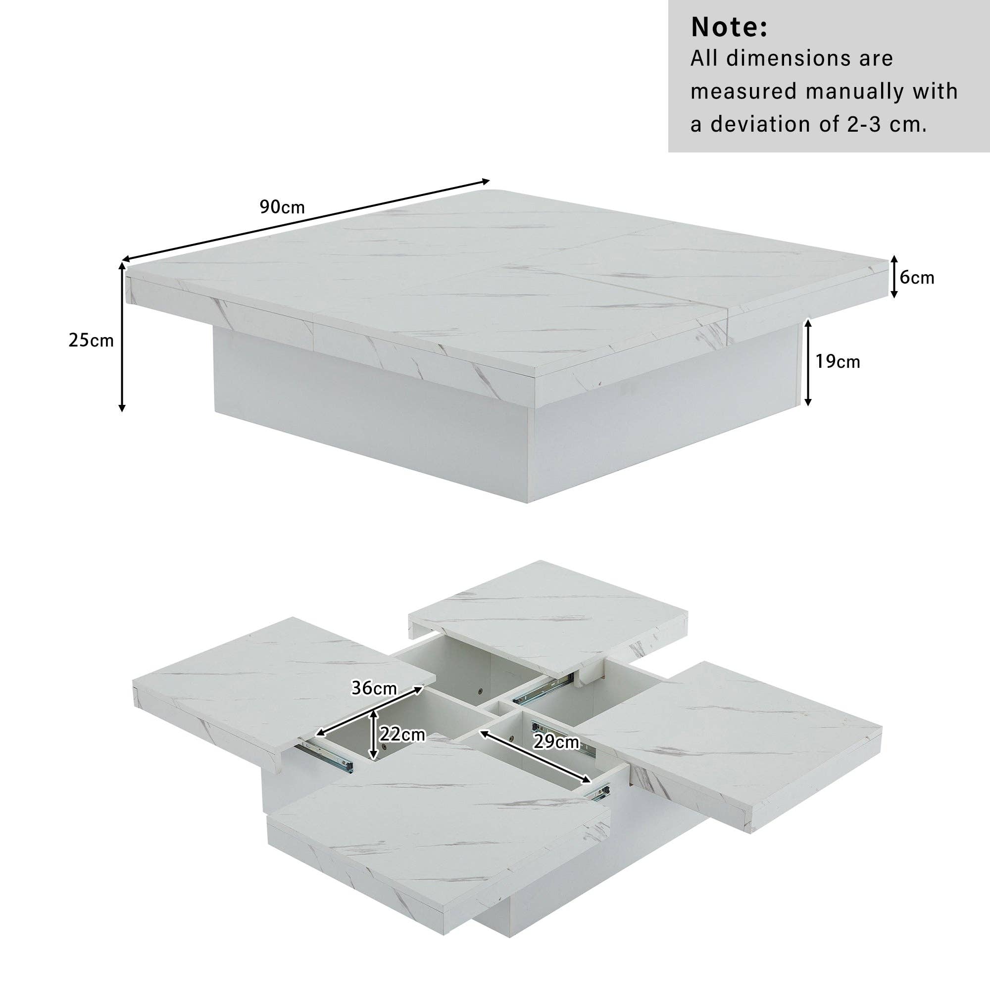 Urban Meuble - Wholesale Side Table - Modern white square coffee table with marble effect, 4 drawers, sliding top 90x90x25cm KHEKRIED42