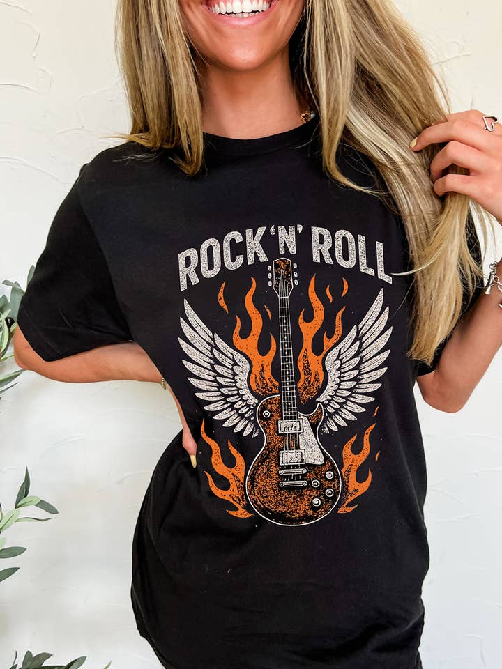 Guitar Wings Slogan Print Crew Neck T Shirt for wholesale by FULL TIME PURCHASE