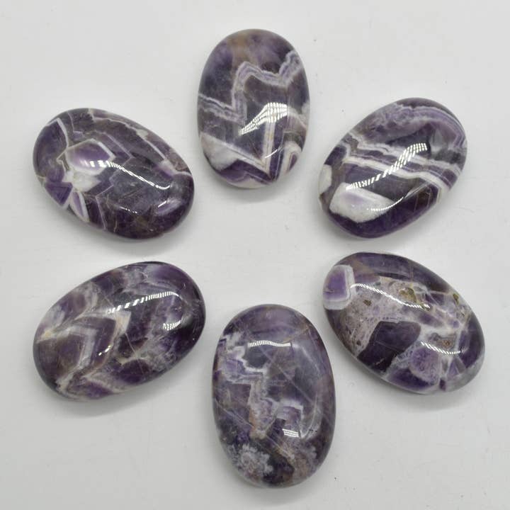 Purple Chevron Amethyst Crystal Palm Stone - 6 cm - 1 Count for wholesale on Faire