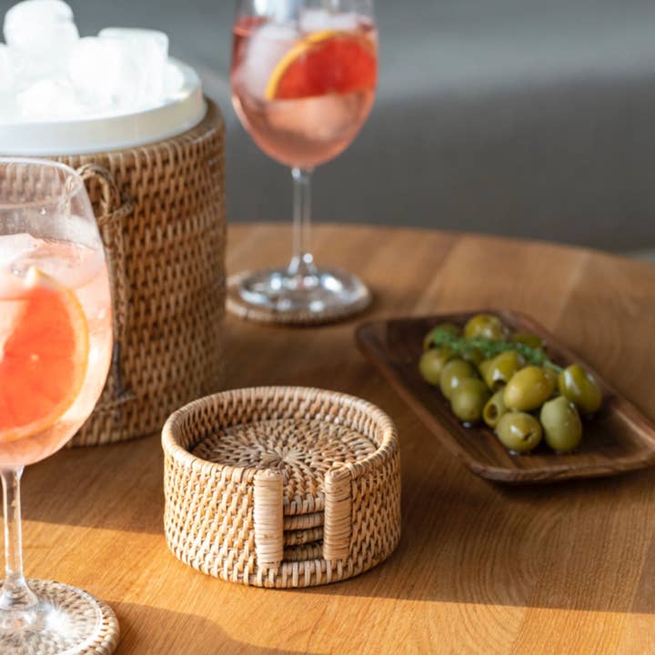 Set of 6 round rattan table coasters for wholesale by Andrea House