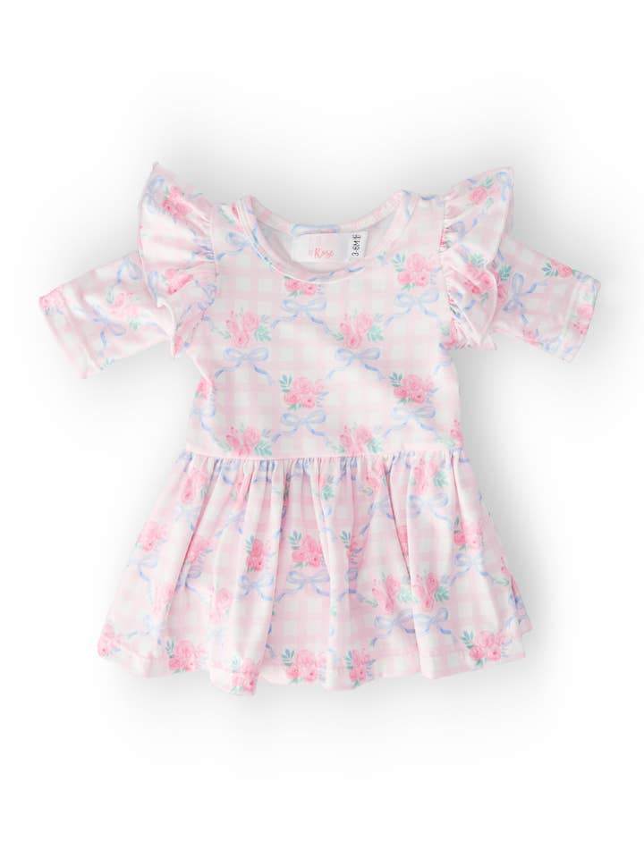 Ribbons & Roses 3/4 Sleeve Flutter Twirl Bodysuit for wholesale by Mila & Rose