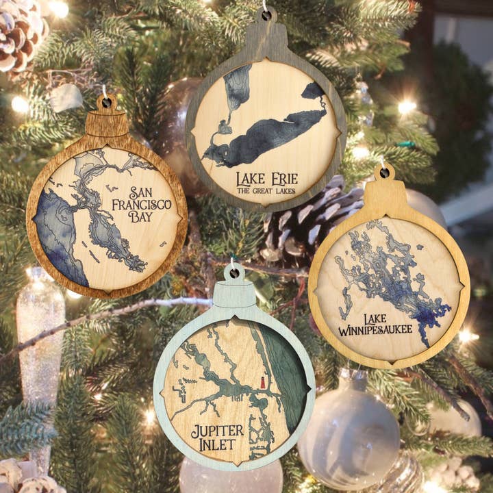 Coastal Christmas Nautical Map Wood Ornament - 2 Level for wholesale by Sea & Soul Nautical Chart Art