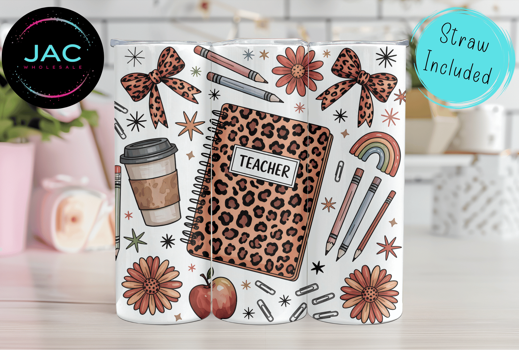 JAC Wholesale - Wholesale Insulated Mug/Tumbler - Leopard Teacher Skinny Tumbler 20oz1