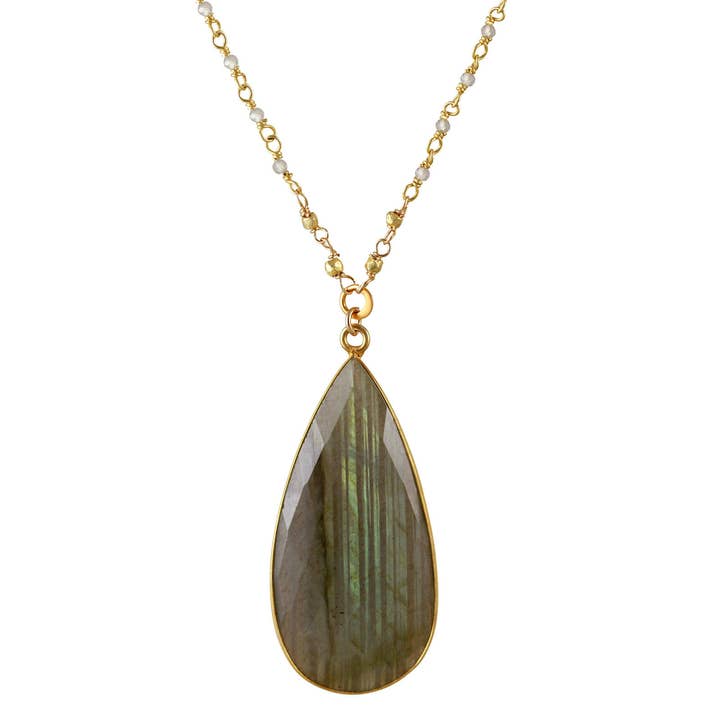 N-3810 LABRADORITE LONG TEARDROP PENDANT AND GOLD CHAIN NECK for wholesale by Alicia Van Fleteren Jewelry Design