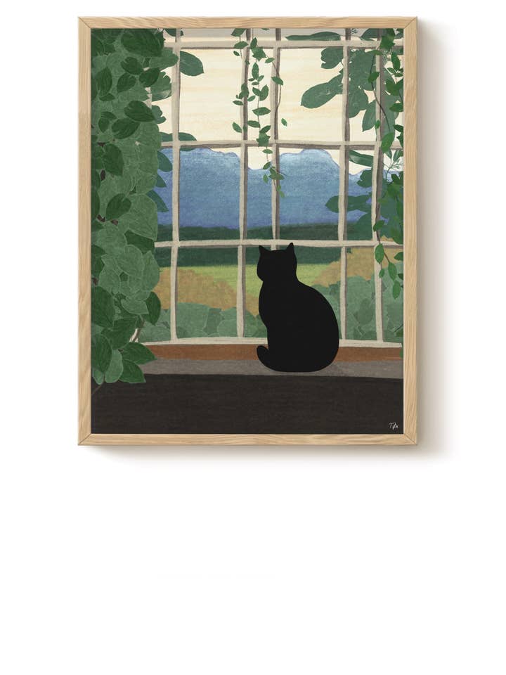 Mountain View Cat Art Poster with Plants for wholesale by The Paper Tail