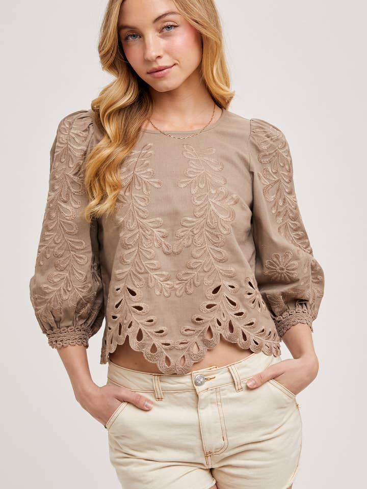 Bluivy - Wholesale Blouse - Women's - LACE CUTOUTS BOTTOM HEM BUBBLE SLEEVED TOP - EASTER DAY9
