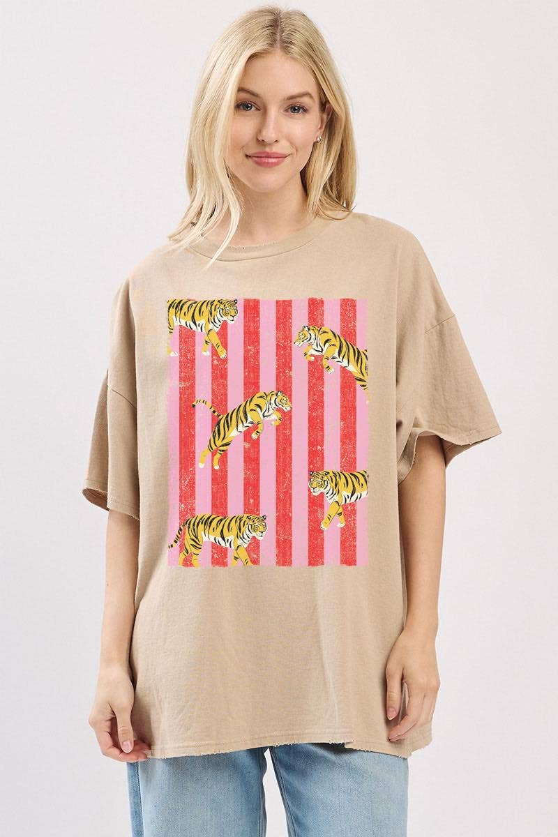 Zutter - Wholesale Screen Printed T-Shirt - Women's - Multi Tigers Elements Graphic Oversized Seamless Box Tee0