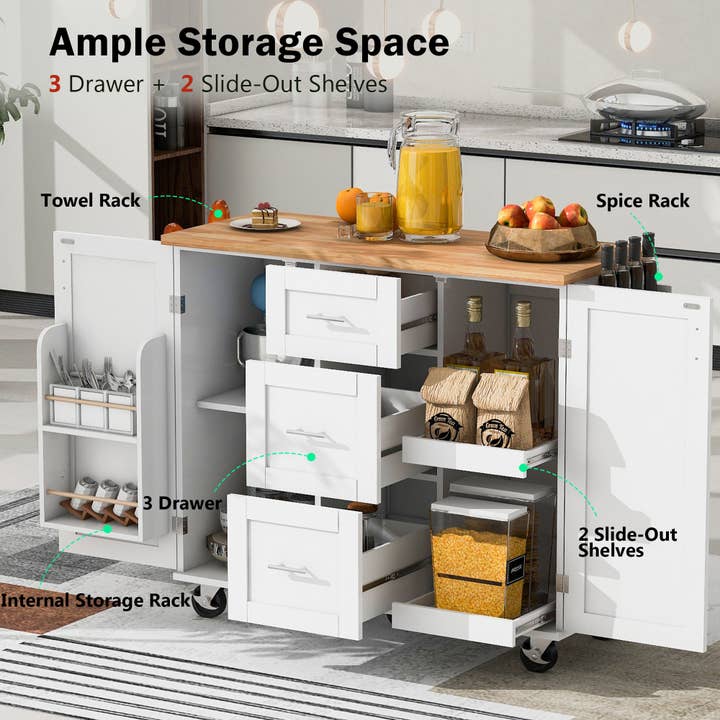 Orange County Decor - Wholesale Kitchen Storage/Organizer - K&K Rolling Kitchen Island With Storage, Kitchen Cart With Rubber Wood Top, 3 Drawer, 2 Slide Out Shelf And Internal Storage Rack, Kitchen Island On Wheels With Spice Rack & Tower Rack, White White3