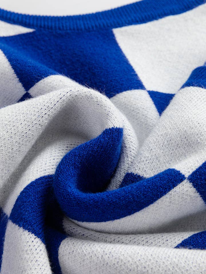 Dark Blue Cherckerboard Round Neck Sweater Vest for wholesale on Faire3