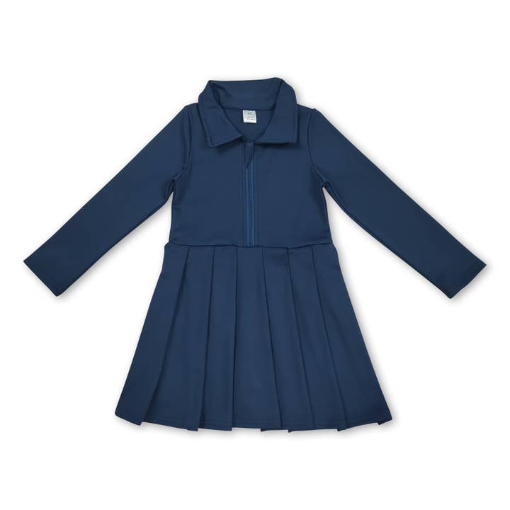 Robe polo athlétique à manches longues avec fermeture éclair bleu marine pour filles enfants pour la vente par Yawoo Garments