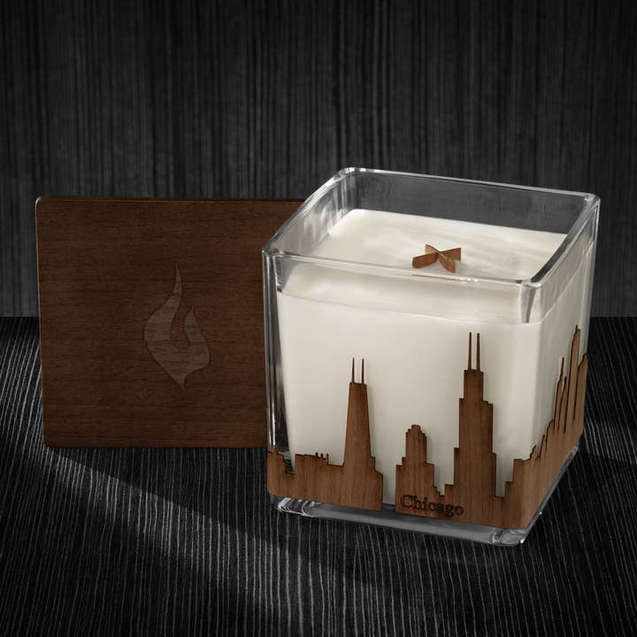 Wood Wrapped City Skyline Candle 4x4x4 for wholesale by Swoon Living