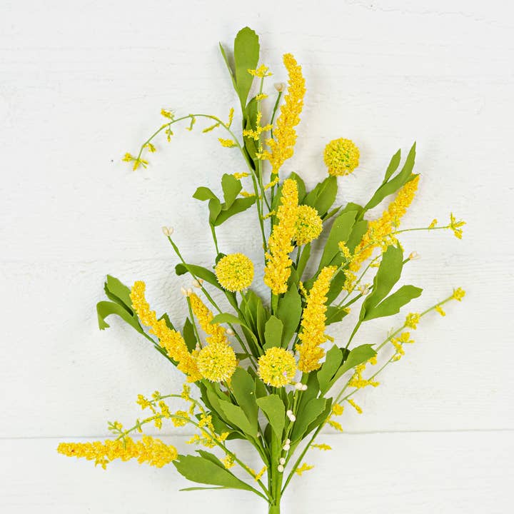 28939- 20in Spray-Thistle Ball and Heathers-Yellow for wholesale by Holiday Depot Inc.