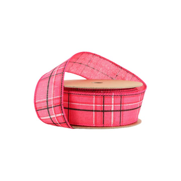 LA Ribbons Wholesale - Venta al por mayor Cintas - Envoltorio de regalos - Cinta con alambre | tela escocesa rosa fuerte/primaveral | rollo de 10 yardas