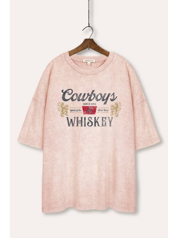 VINTAGE POINT USA - Vendita all'ingrosso Maglietta stampata - Donna - T-shirt oversize con grafica "COWBOYS & WHISKEY" lavaggio minerale2