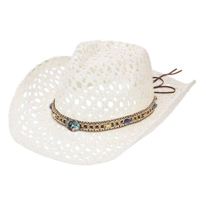 Cap Zone – wholesale Cowboy Hat – Women’s – Gemstone Band Coastal Crochet Fishnet Cowboy Hat4