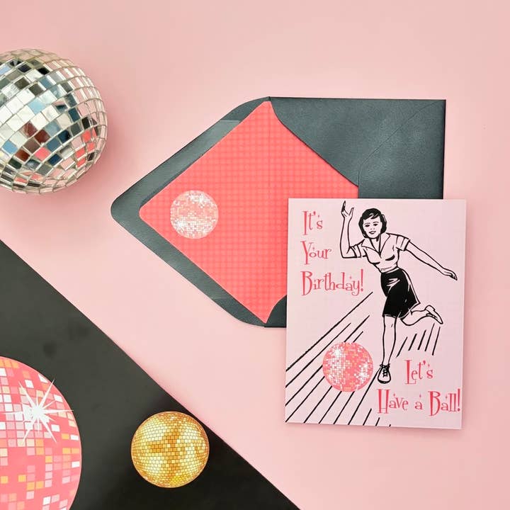 Mod Lounge Paper Company - Wholesale Birthday Card - It's Your Birthday Have A Ball Retro Disco Bowling Card4