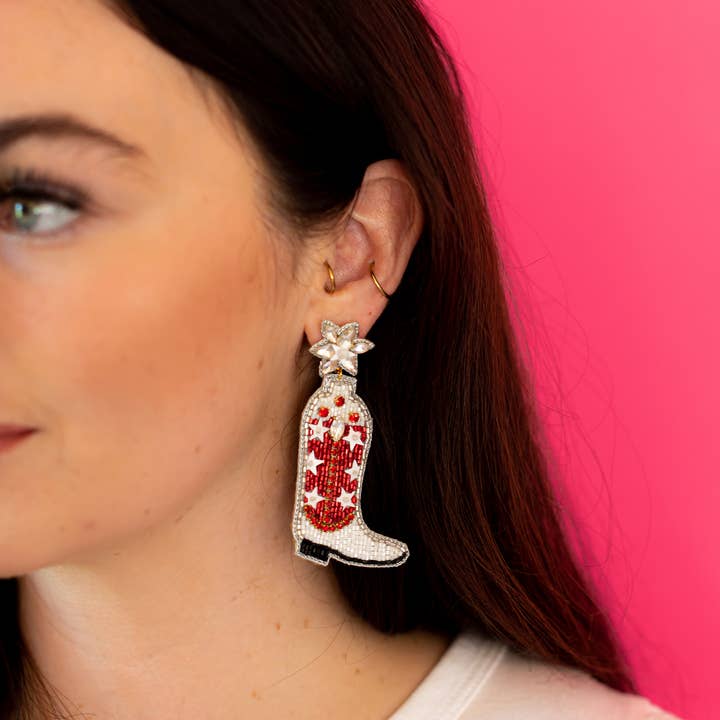 Cowgirl Boot Earrings - Red and White for wholesale by Golden Lily