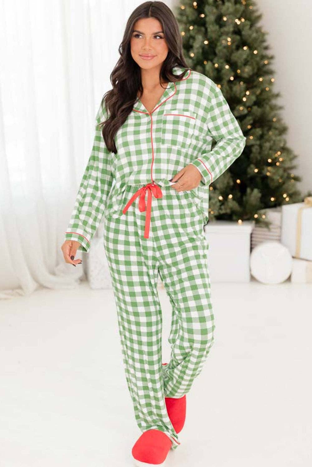 Light Green Christmas Plaid Print Shirt and Pants Pajama Set for wholesale on Faire3