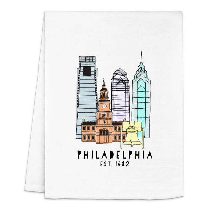 Colorful Kitchen Towels - Philadelphia, PA Skyline - Philly for wholesale by Moonlight Makers