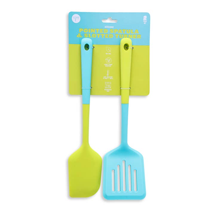 Core Home - Wholesale Kitchen Utensil Set - 2pc Silicone Pointed Spatula & Slotted Turner - Colorblock -