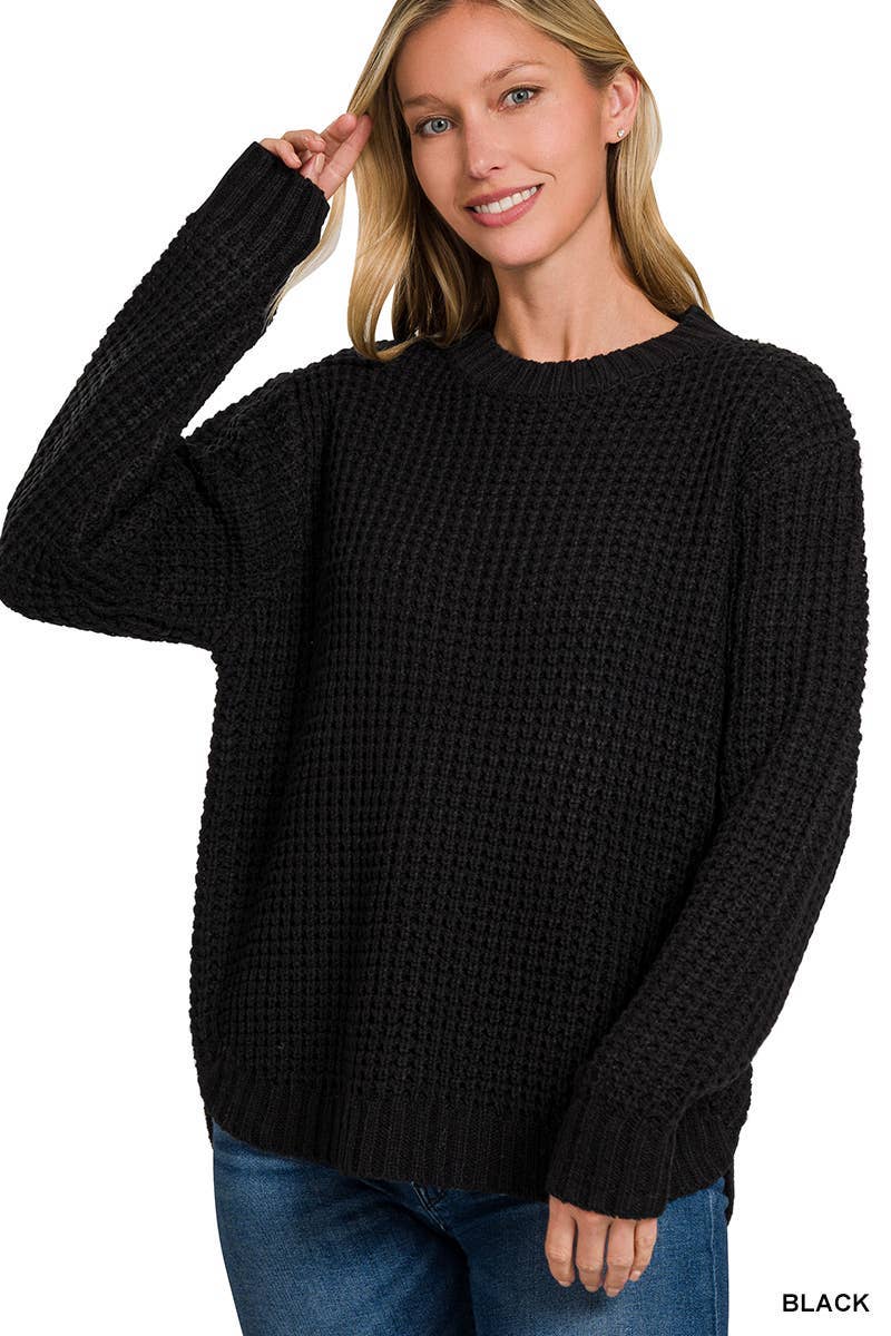 Vanilla Monkey - Wholesale Knit Sweater - Women's - Hi-low Long Sleeve Round Neck Waffle Sweater0