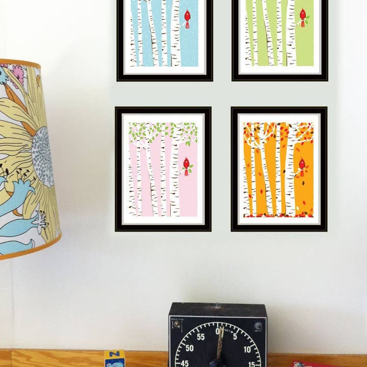 4 Seasons Cardinal Bird Art Prints - Birch Trees Print Set for wholesale by strawberryluna