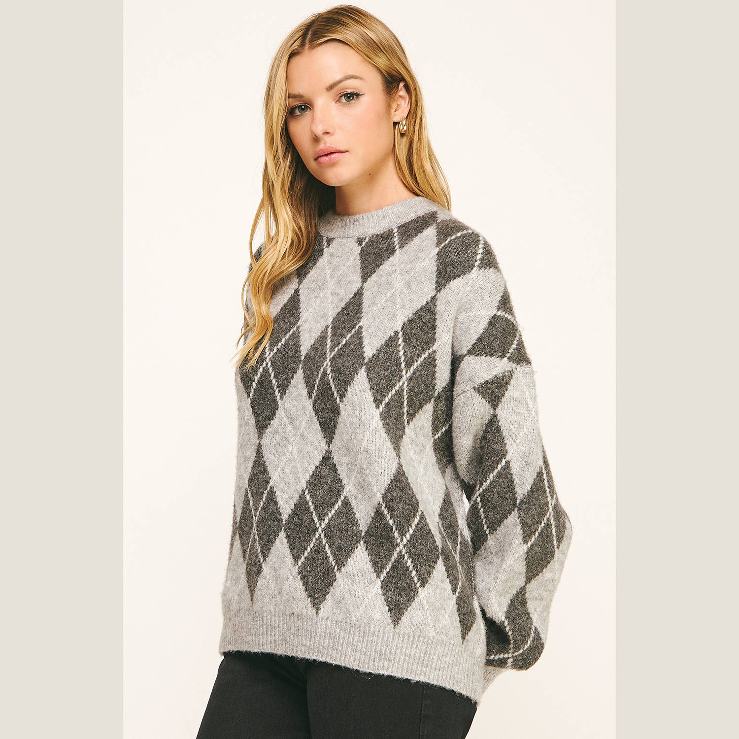 TONAL GRÅ RUTIG RUNDHALSAD LÅNGÄRMAD TRÖJA för wholesale på Faire1