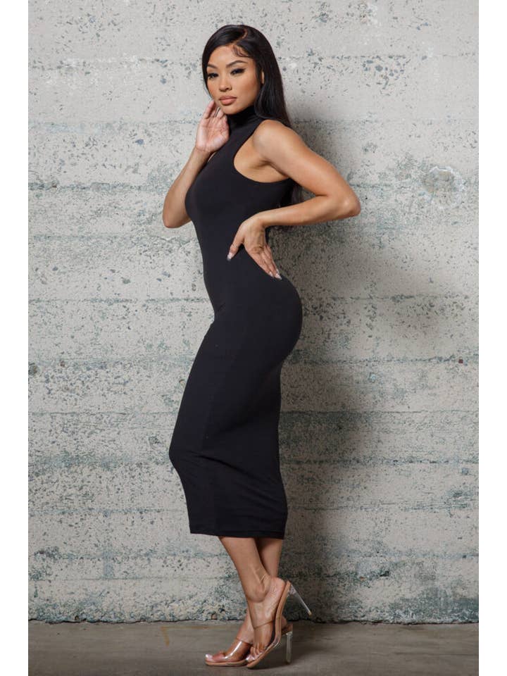 BLACK MOCK NECK DOUBLE LAYER FITTED MIDI DRESS for wholesale on Faire