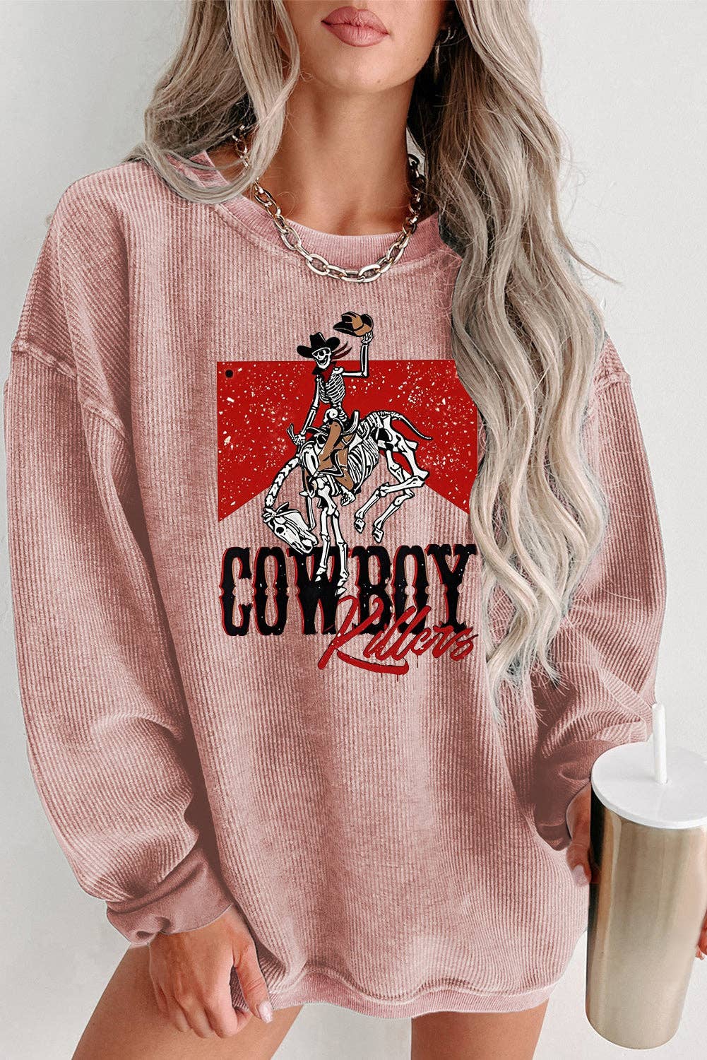 Lovesoft - Wholesale Graphic Sweatshirt - Women's - Cowboy Graphic Ribbed Knit Oversized Sweatshirt2